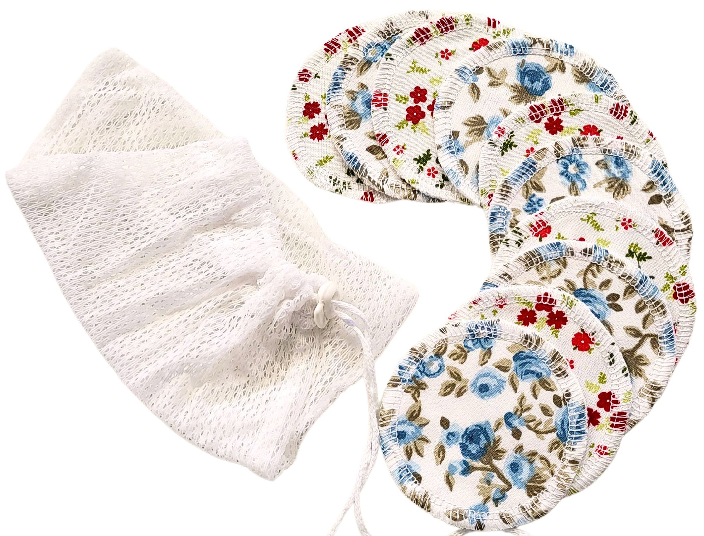 Lilind® 10 Pack Reusable Cotton Rounds, Makeup Removal Wipes, Free Wash Bag, Red and Blue Flowers