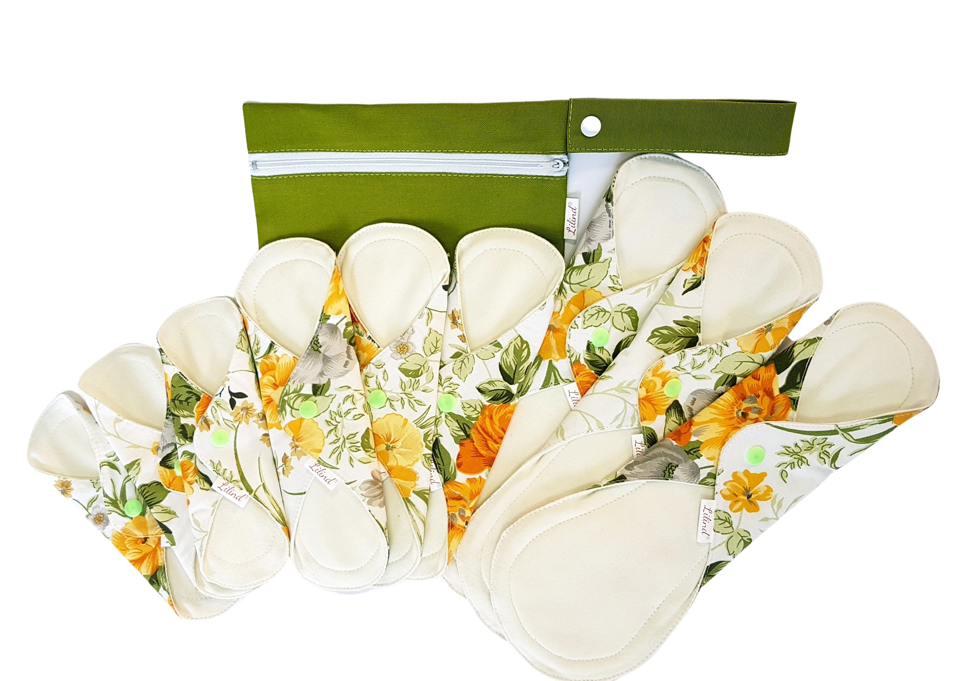 Lilind® Organic Cloth Pads with free Bag, Comfortable, Healthy, Waterproof, Reusable, 100% Cotton, Spring flowers