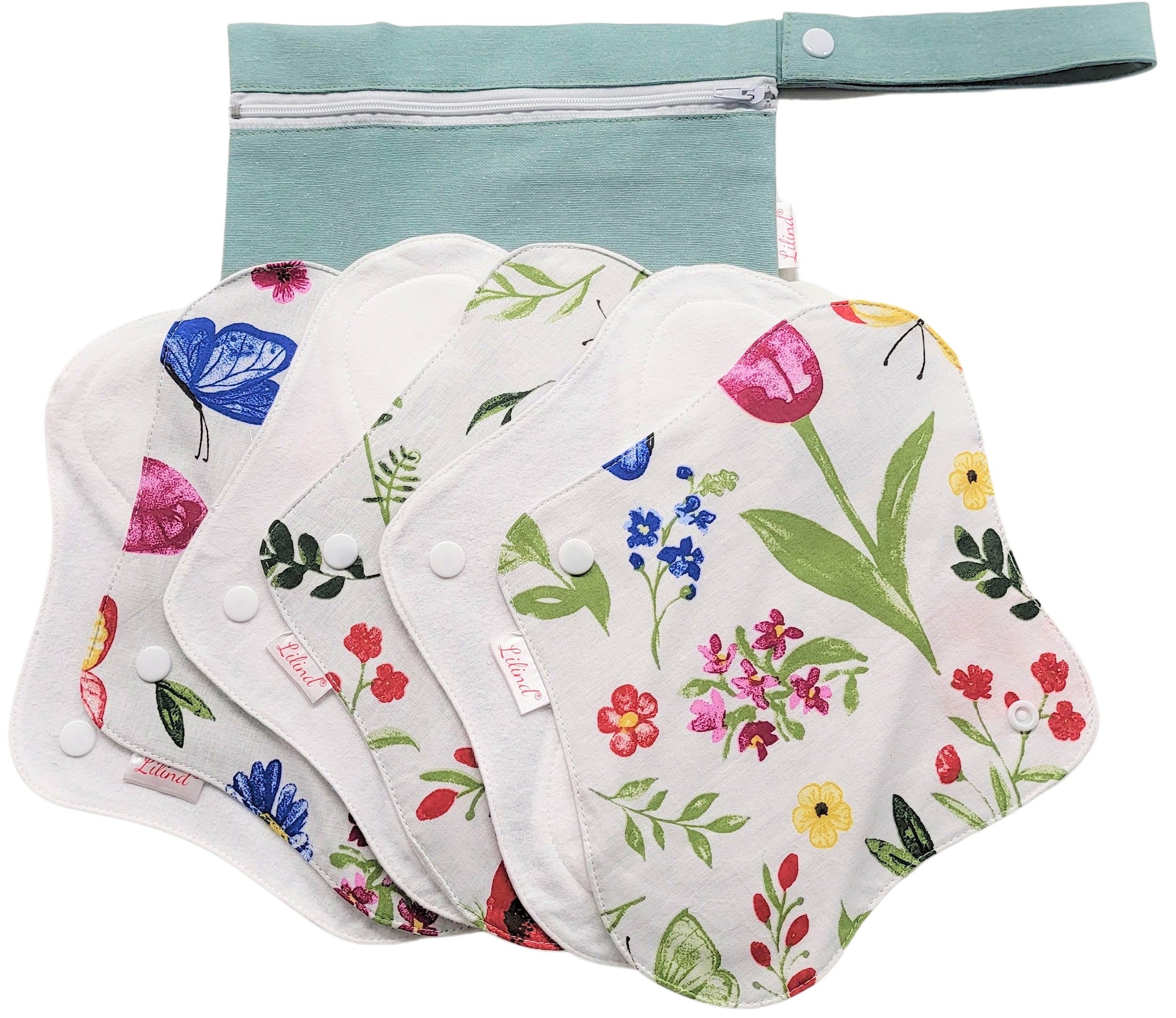 Lilind® 6 Pack Reusable Cloth pads with free Bag, 100% cotton, Comfortable, Waterproof, Spring flowers