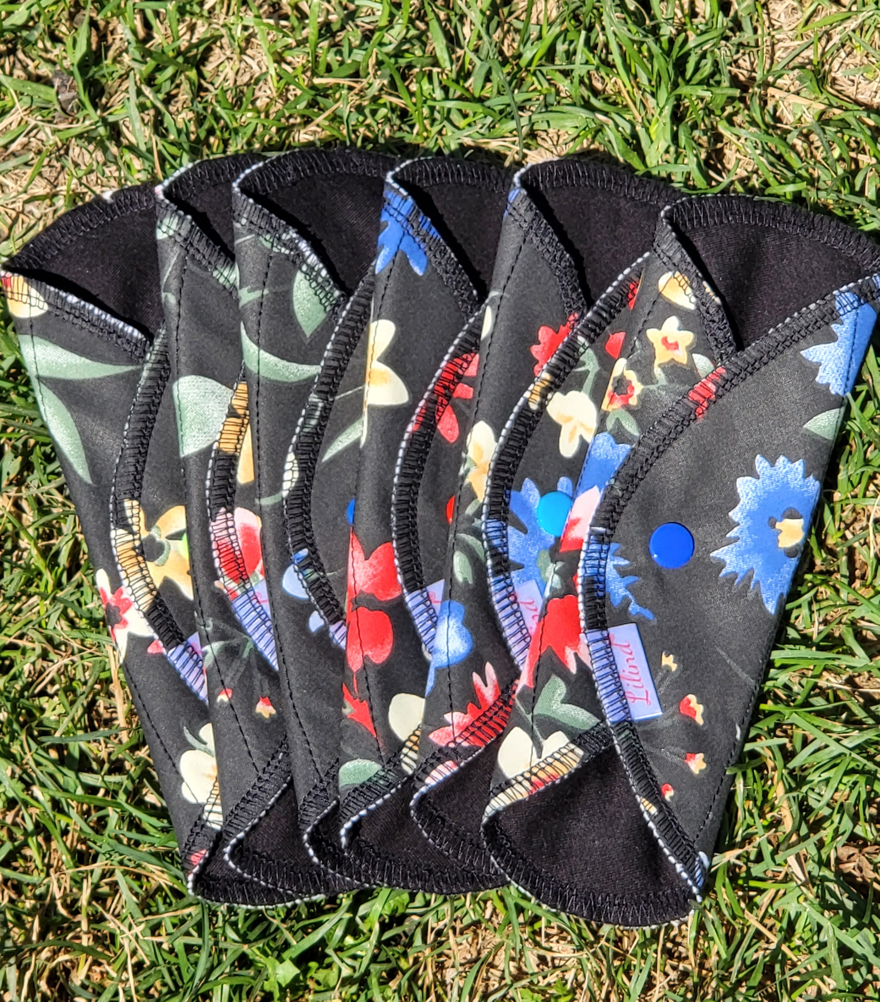 6 Pack Black Everyday 7" Organic Cloth Pads, Reusable Sanitary Napkins, Zero Waste