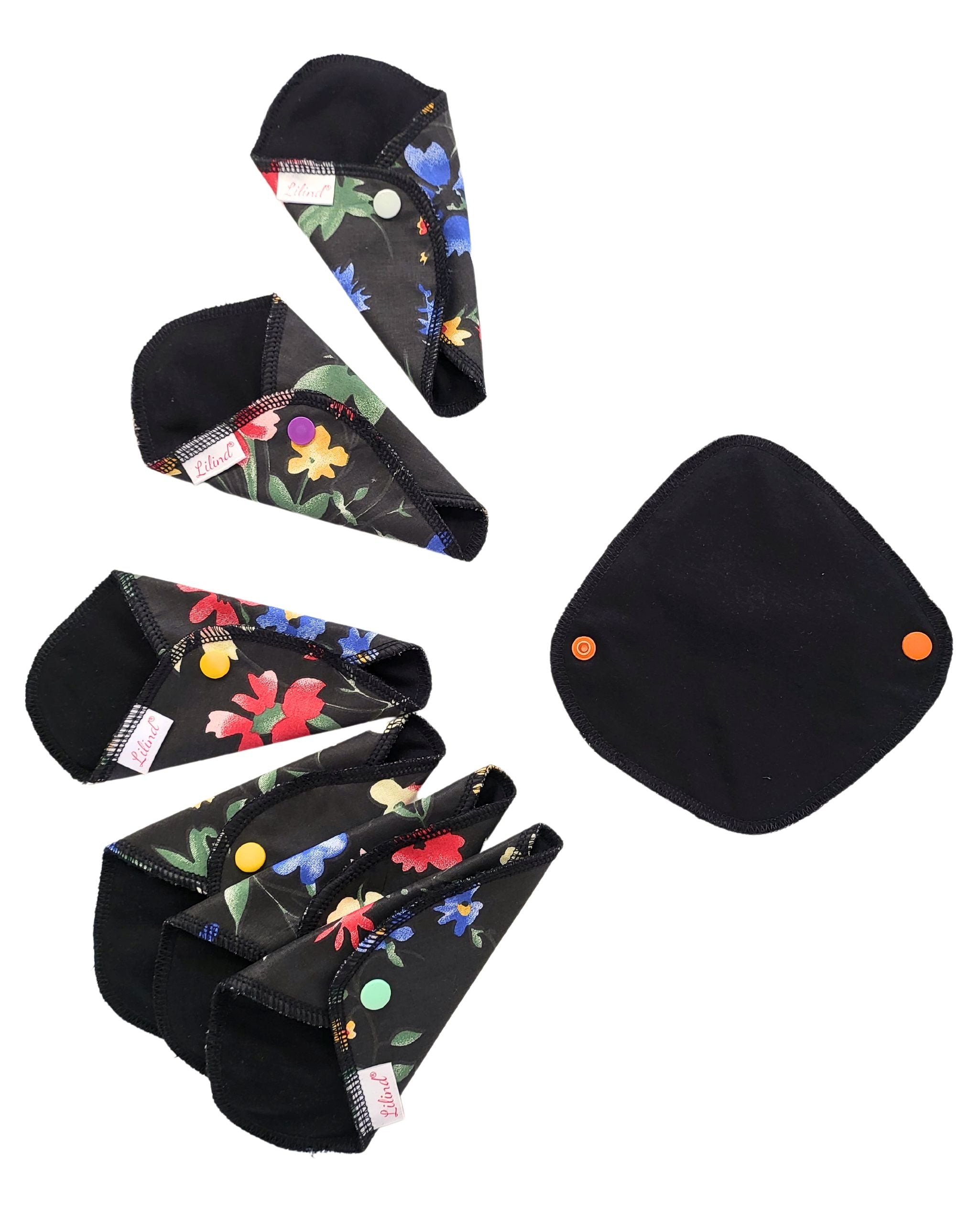 7 Pack Reusable Thong Pantyliners, Black Waterproof Cloth pads, Extra-Thin