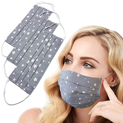 Fashion Face Mask, 3-Pack Handmade, Reusable, Washable, 100% Cotton, 3x Gray Star