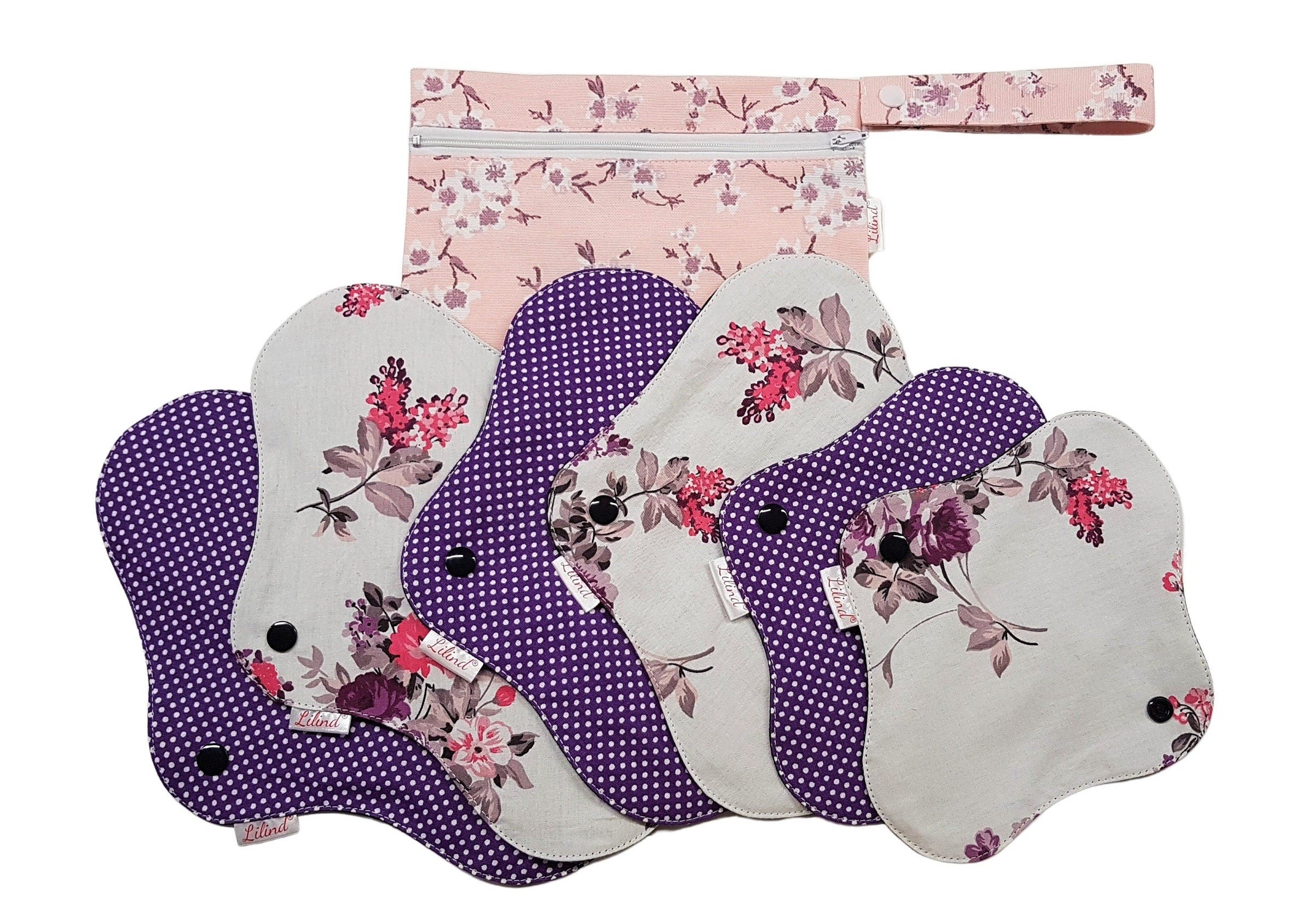 Starter Set Reusable Cloth Pads with free Bag, Waterproof Menstrual Sanitary Napkins, Lila Paris
