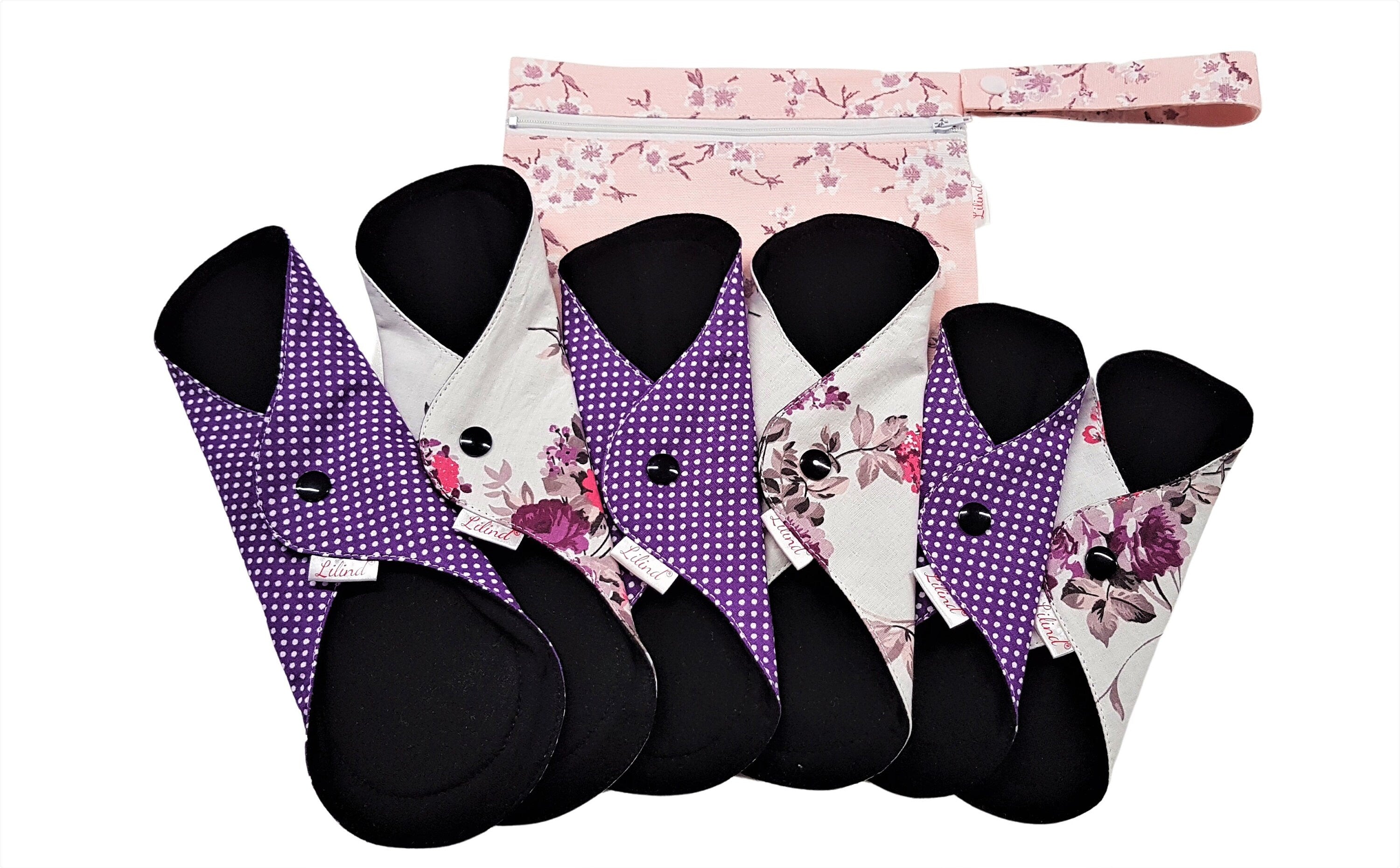 Starter Set Reusable Cloth Pads with free Bag, Waterproof Menstrual Sanitary Napkins, Lila Paris