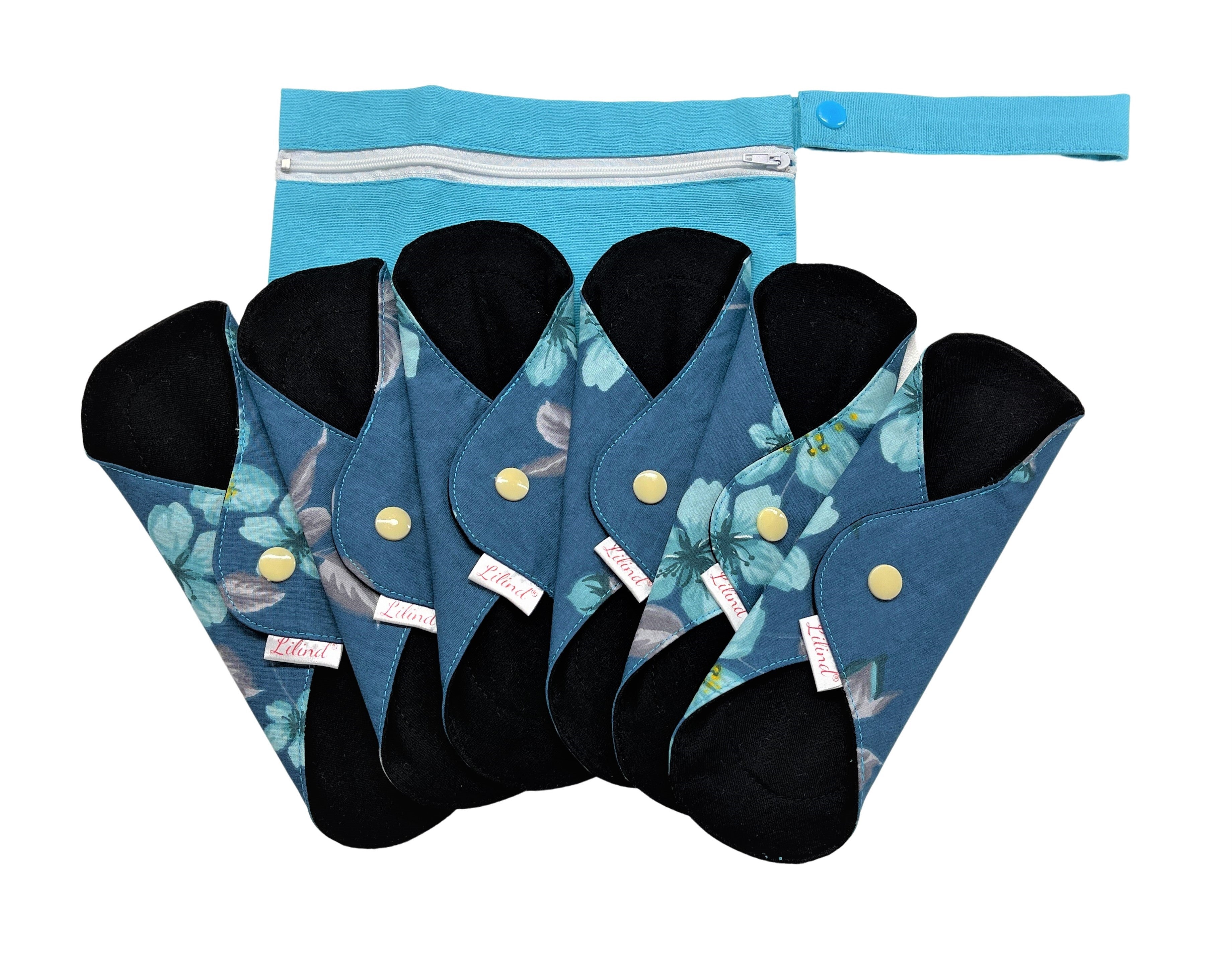 Lilind® 6 Pack Organic Cloth Pads with free Bag, Comfortable, Healthy, Waterproof, Reusable, 100% Cotton, Blue Orient