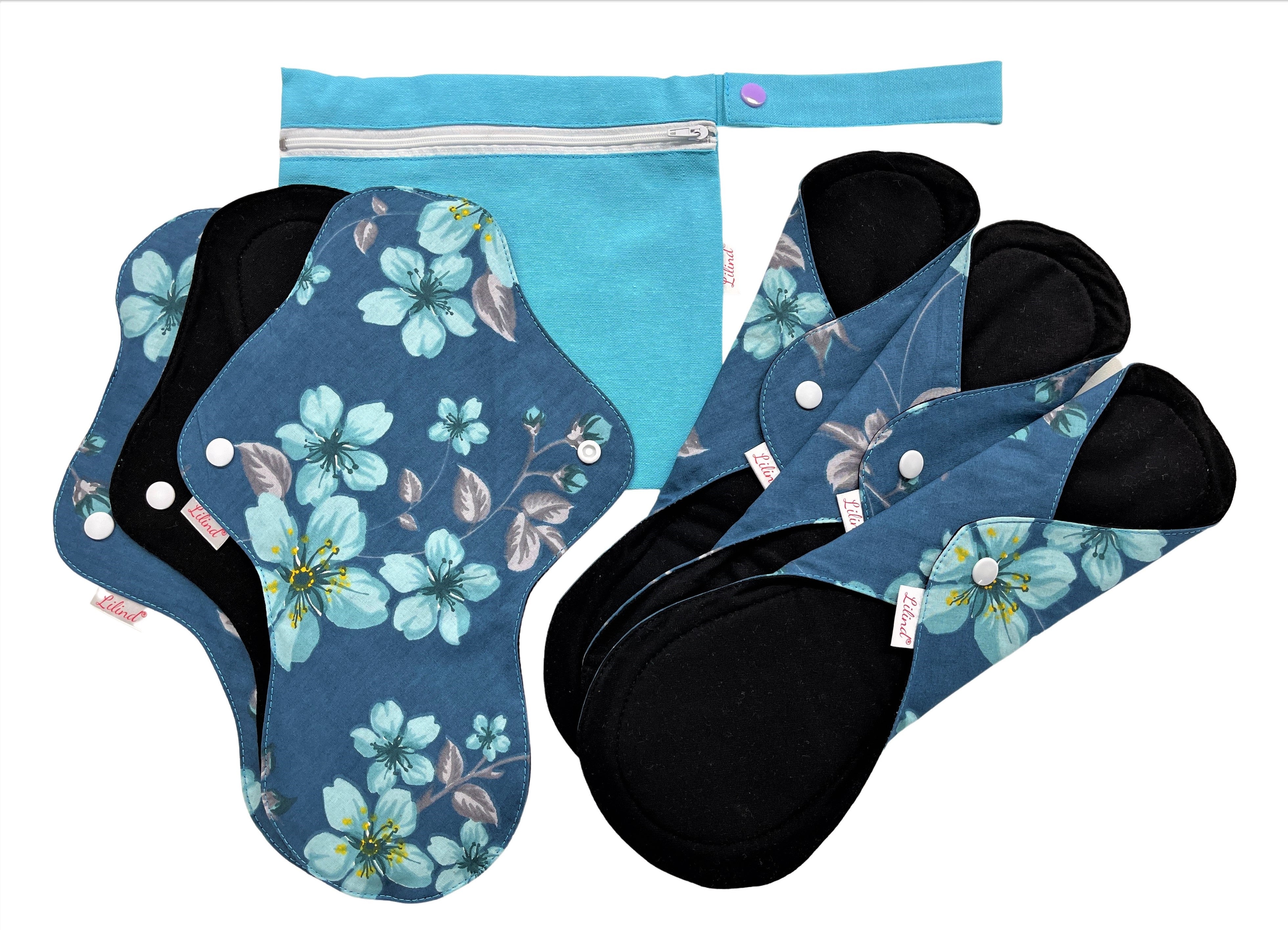 Lilind® 6 Pack Organic Cloth Pads with free Bag, Comfortable, Healthy, Waterproof, Reusable, 100% Cotton, Blue Orient