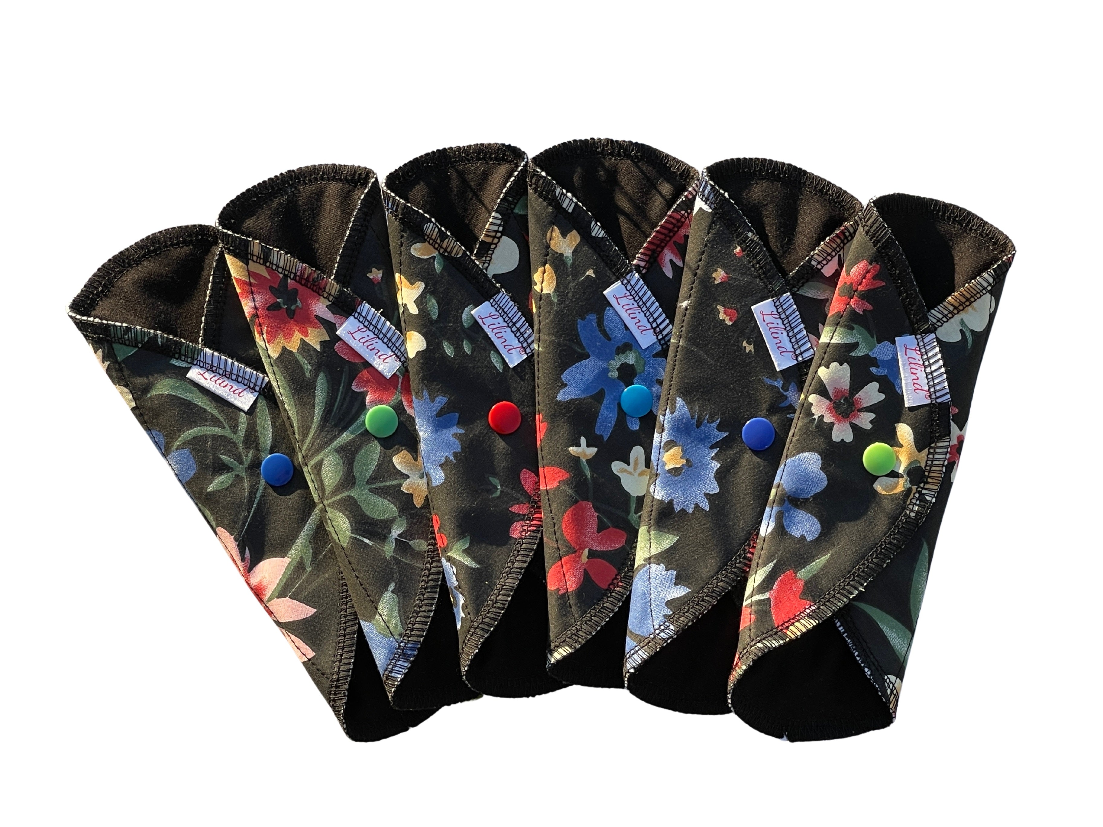 6 Pack Black Everyday 7" Organic Cloth Pads, Reusable Sanitary Napkins, Zero Waste