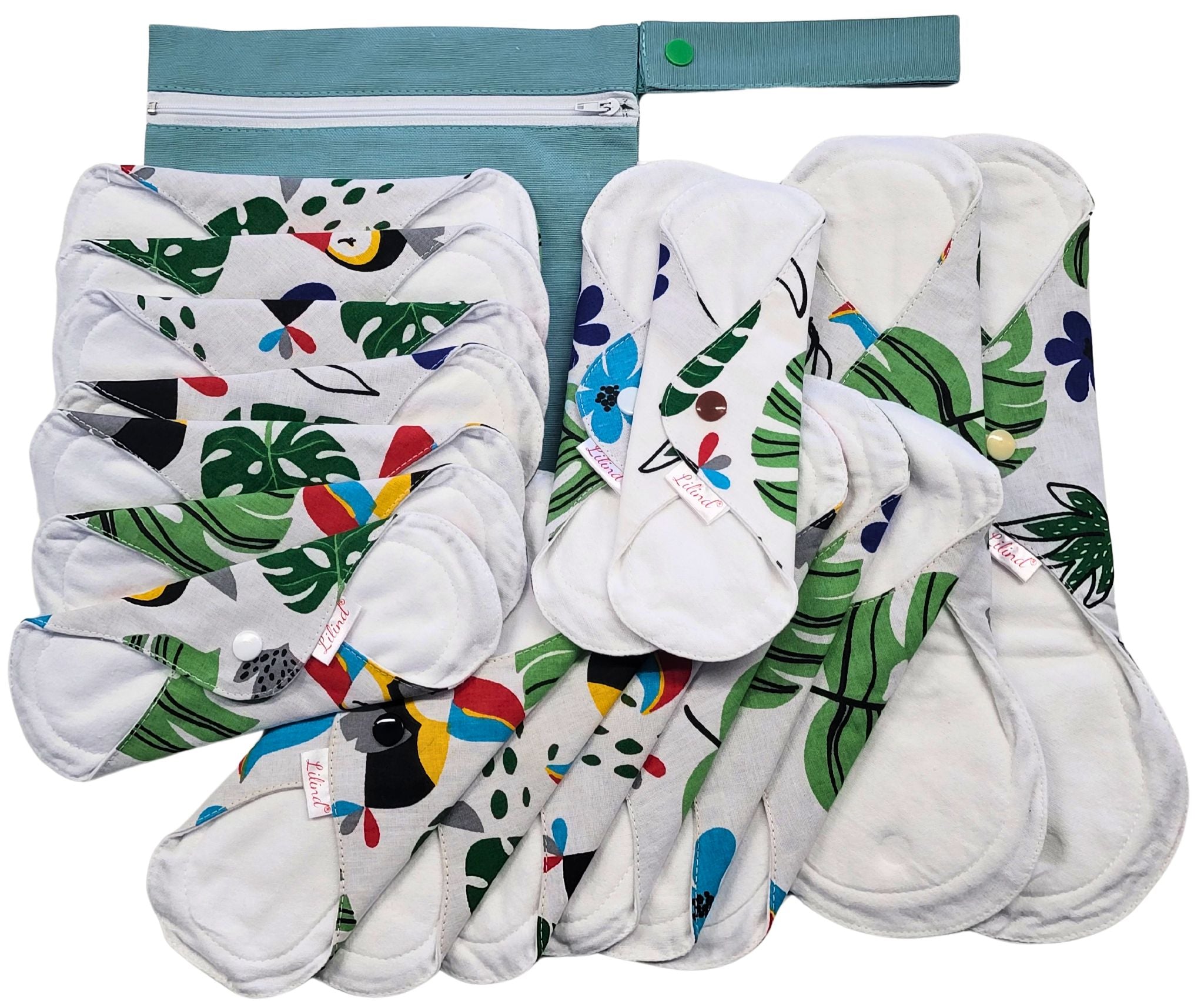 Lilind® 17 Pack Jumbo Set Organic Cloth Pads, Reusable Washable Menstrual Family Cloth, Zero Waste 100% Cotton