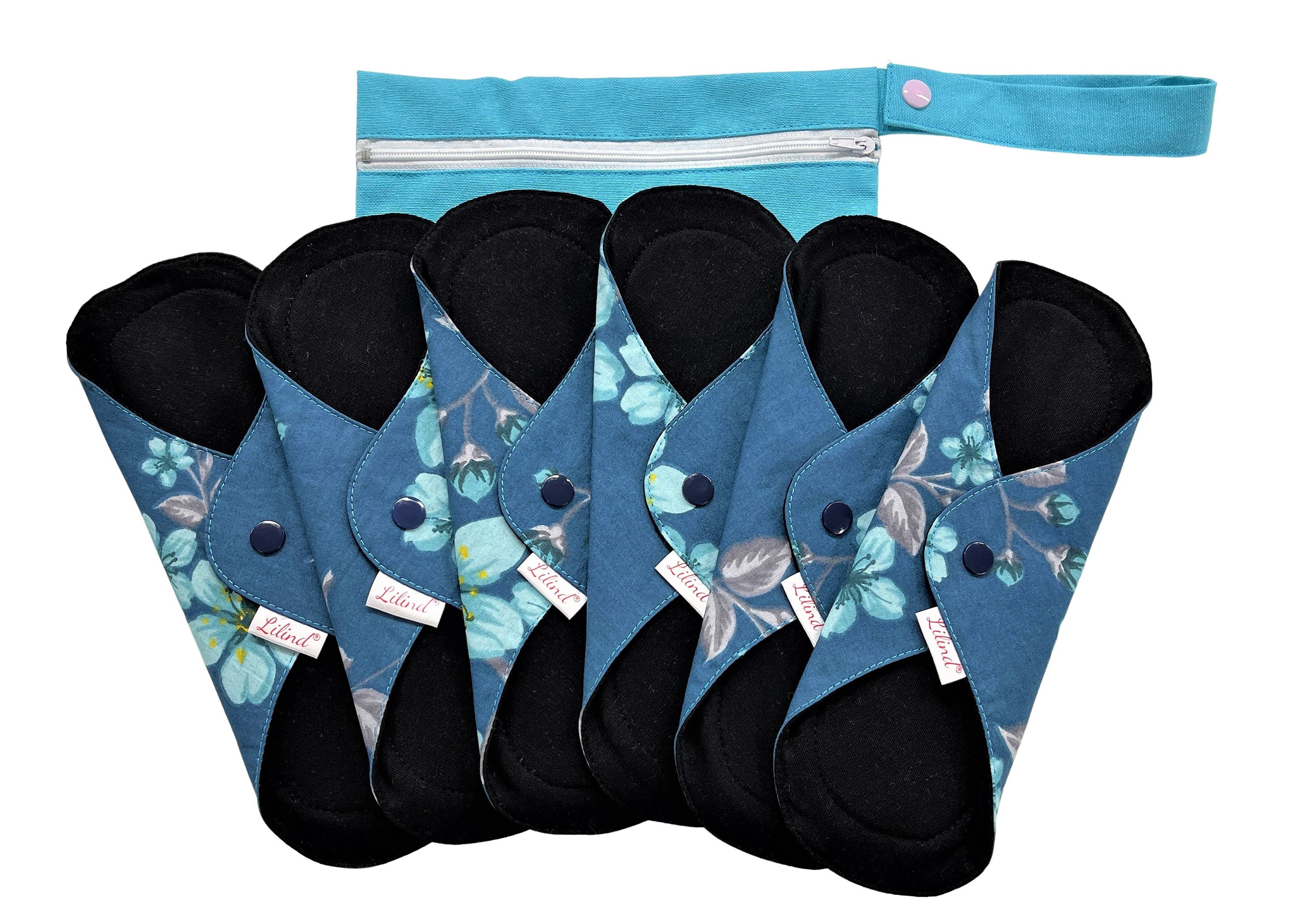 Lilind® 6 Pack Organic Cloth Pads with free Bag, Comfortable, Healthy, Waterproof, Reusable, 100% Cotton, Night Secrets