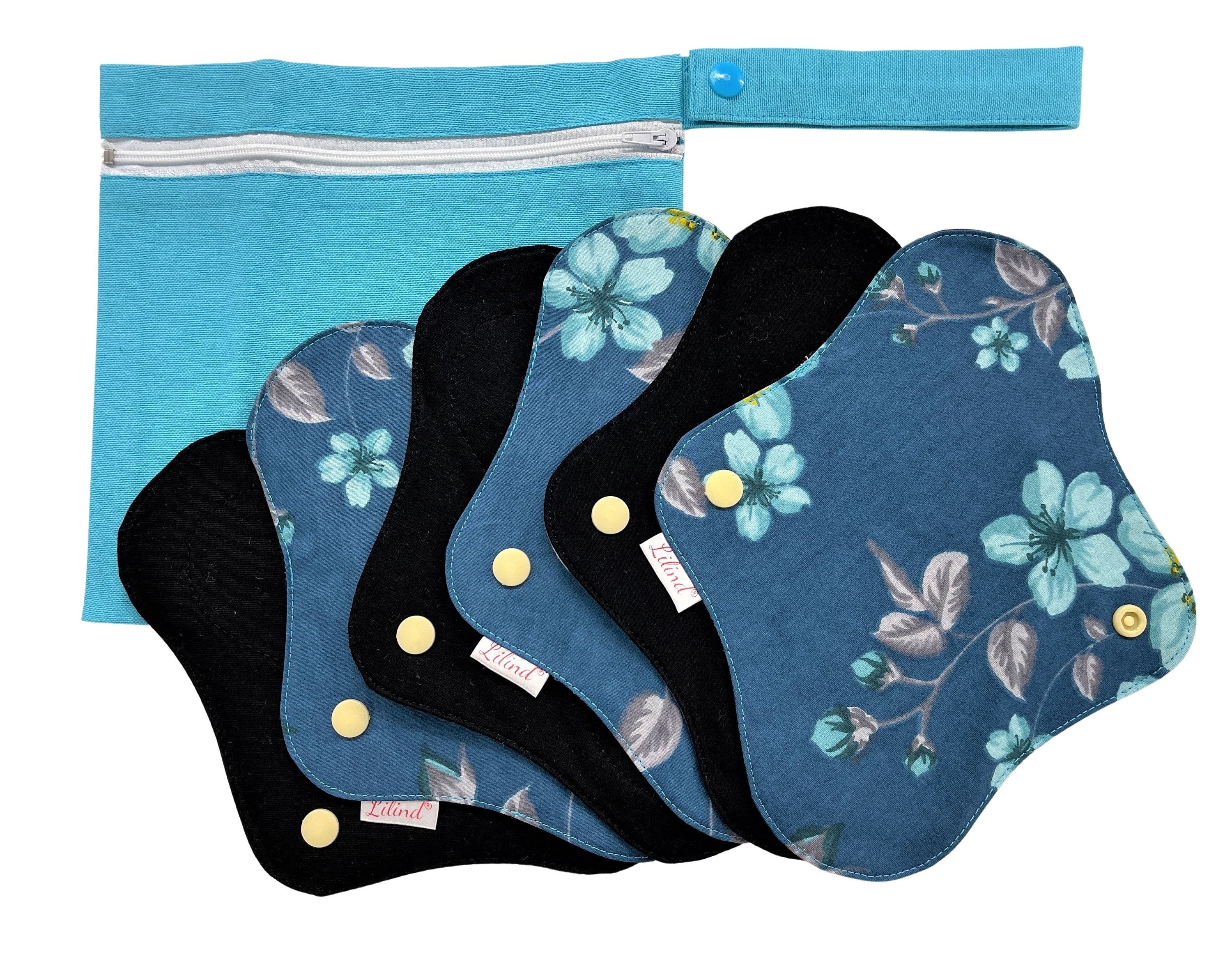 Lilind® 6 Pack Organic Cloth Pads with free Bag, Comfortable, Healthy, Waterproof, Reusable, 100% Cotton, Night Secrets