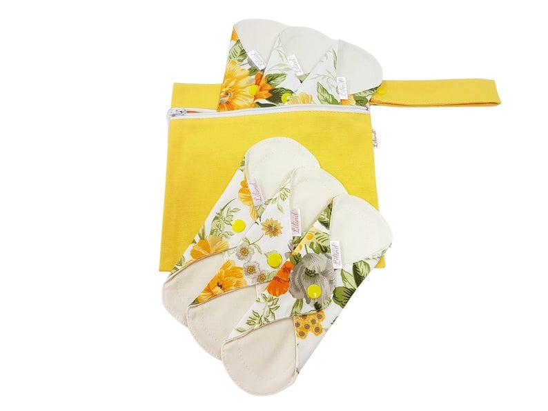 Lilind® 6 Pack Organic Cloth Pads with free Bag, Comfortable, Healthy, Waterproof, Reusable, 100% Cotton, Spring flowers