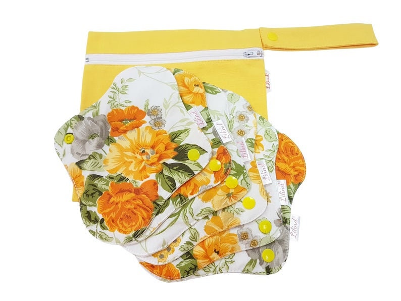 Lilind® 6 Pack Organic Cloth Pads with free Bag, Comfortable, Healthy, Waterproof, Reusable, 100% Cotton, Spring flowers