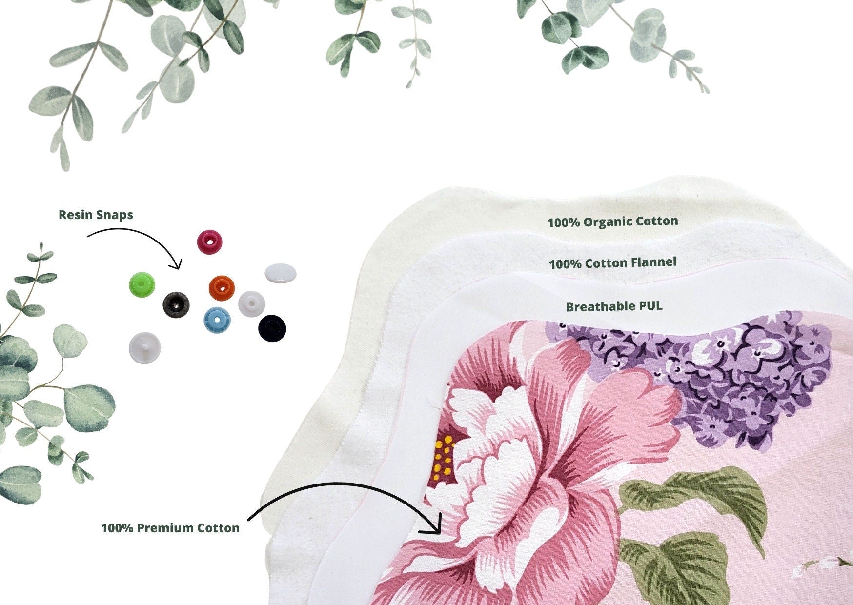 Lilind® 6 Pack Organic Cloth Pads with free Bag, Comfortable, Healthy, Waterproof, Reusable, 100% Cotton, Spring flowers