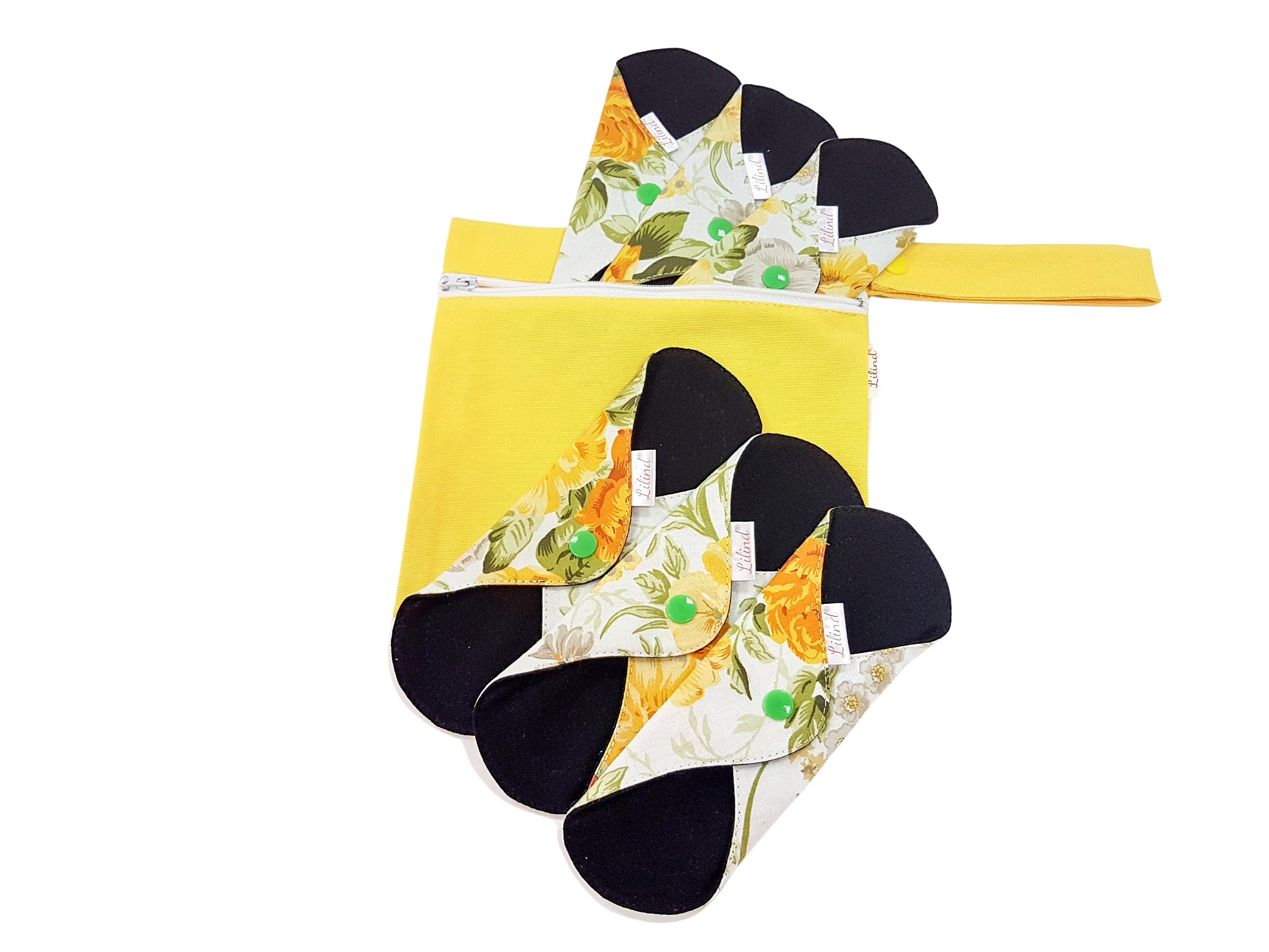 Lilind® 6 Pack Organic Cloth Pads with free Bag, Comfortable, Healthy, Waterproof, Reusable, 100% Cotton, Spring flowers