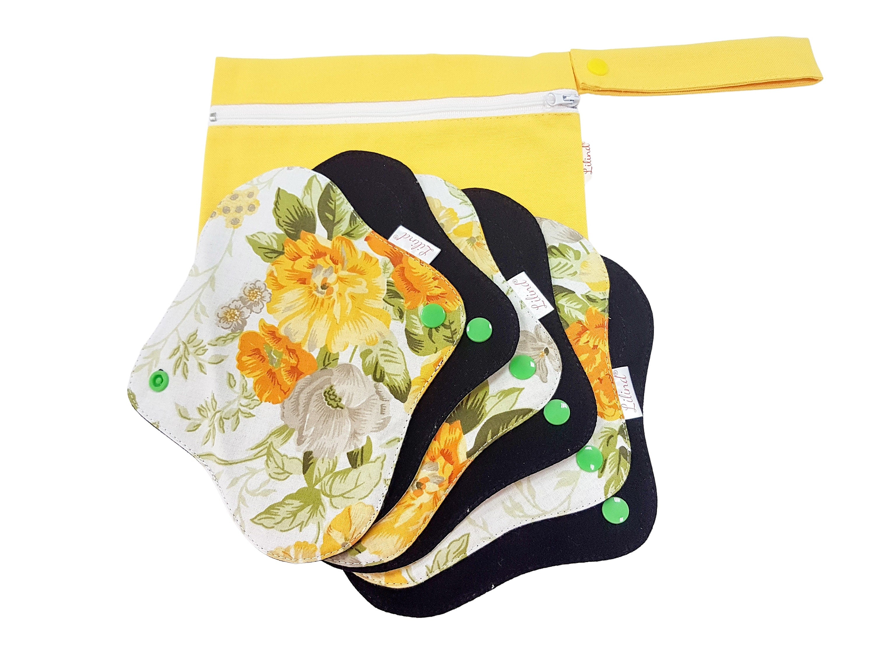 Lilind® 6 Pack Organic Cloth Pads with free Bag, Comfortable, Healthy, Waterproof, Reusable, 100% Cotton, Spring flowers