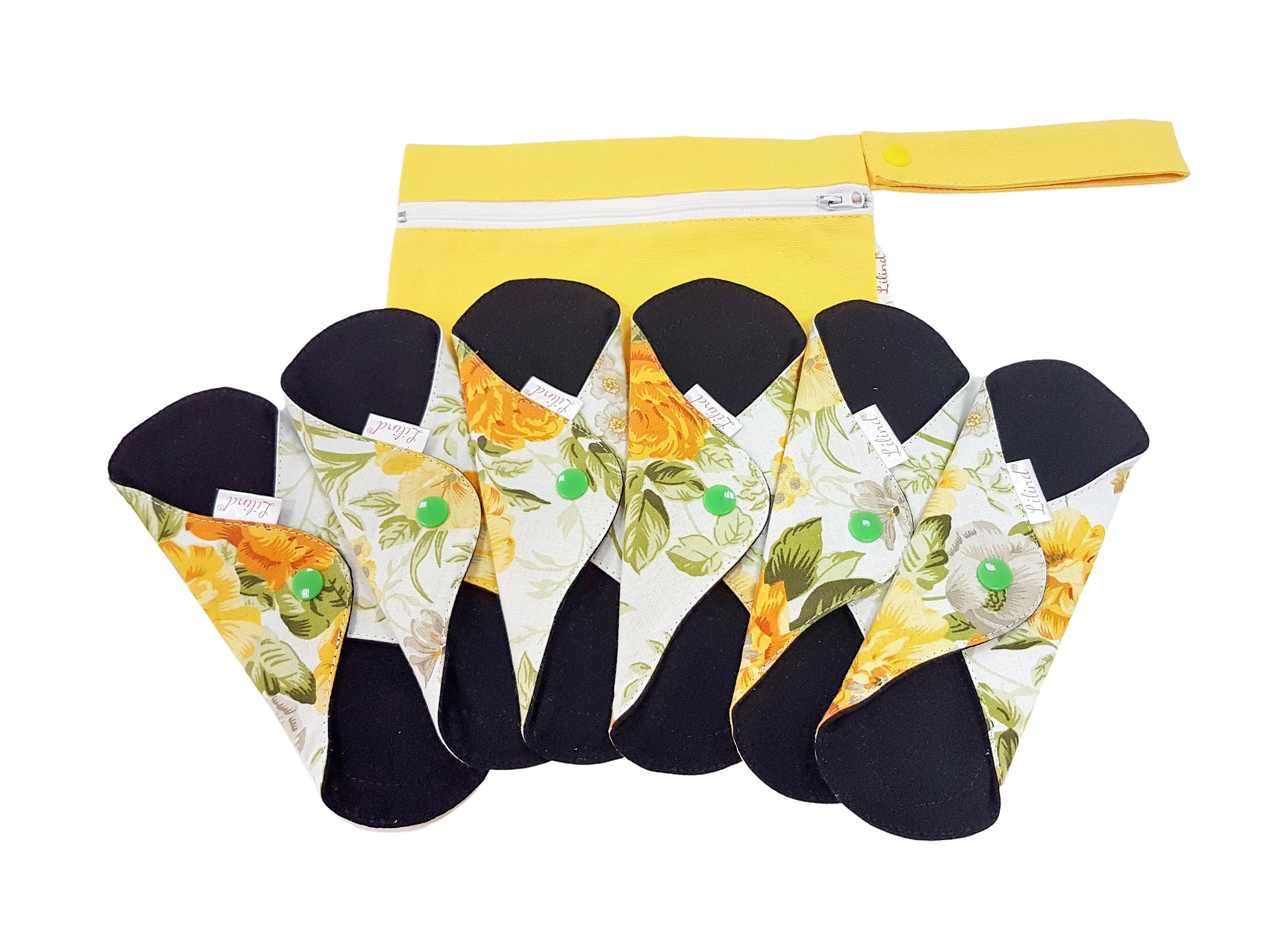 Lilind® 6 Pack Organic Cloth Pads with free Bag, Comfortable, Healthy, Waterproof, Reusable, 100% Cotton, Spring flowers