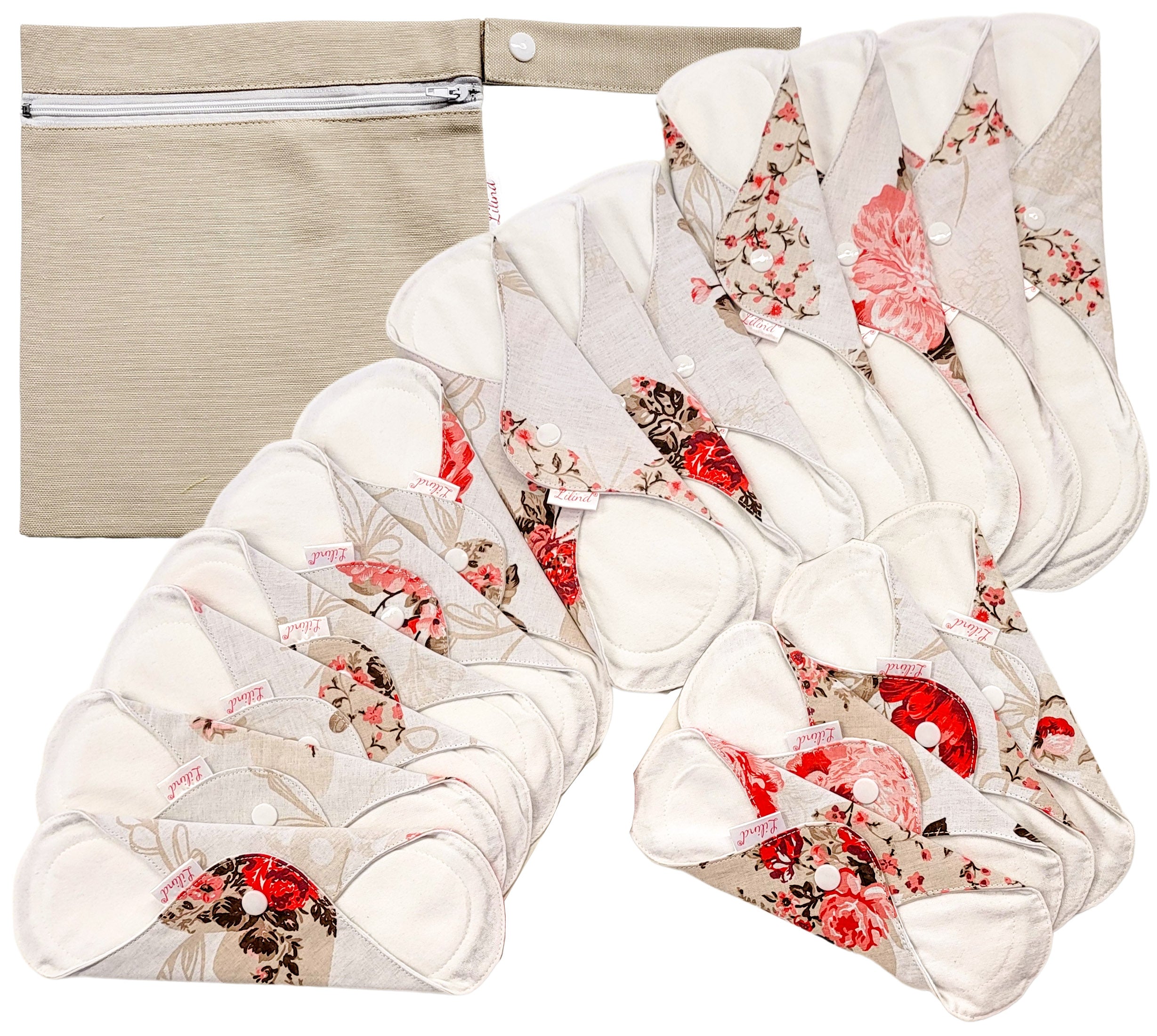 Lilind® 17 Pack Jumbo Set Organic Cloth Pads, Reusable Washable Menstrual Family Cloth, Zero Waste 100% Cotton