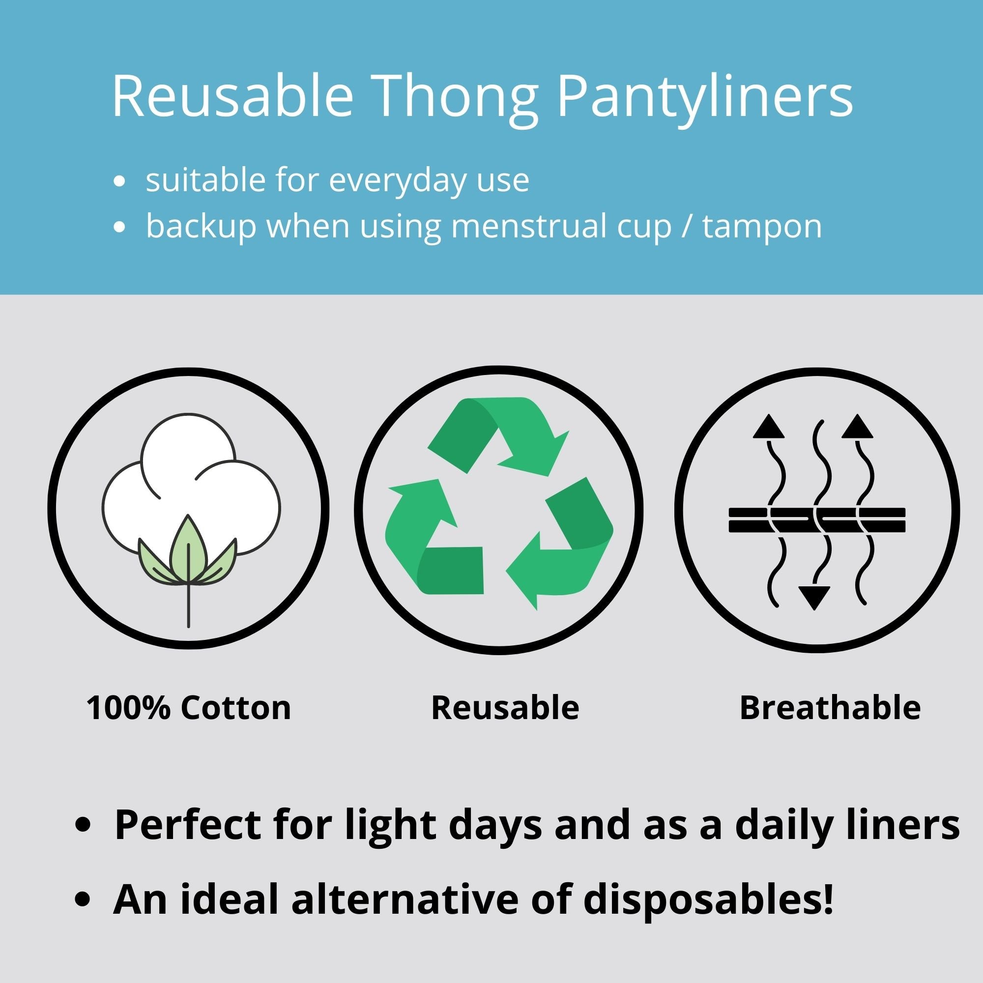 7 Pack Reusable Thong Pantyliners, Black Waterproof Cloth pads, Extra-Thin