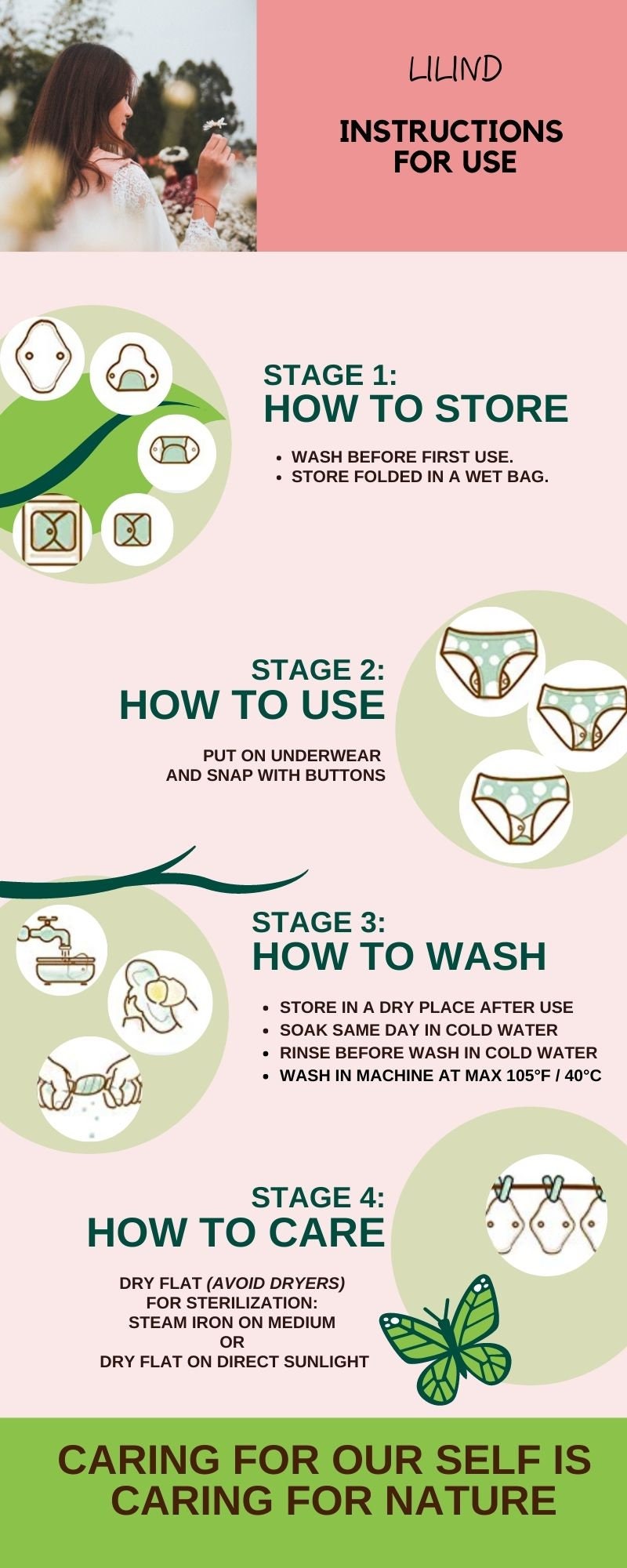 Starter Set Reusable Cloth Pads with free Bag, Waterproof Menstrual Sanitary Napkins, Lila Paris