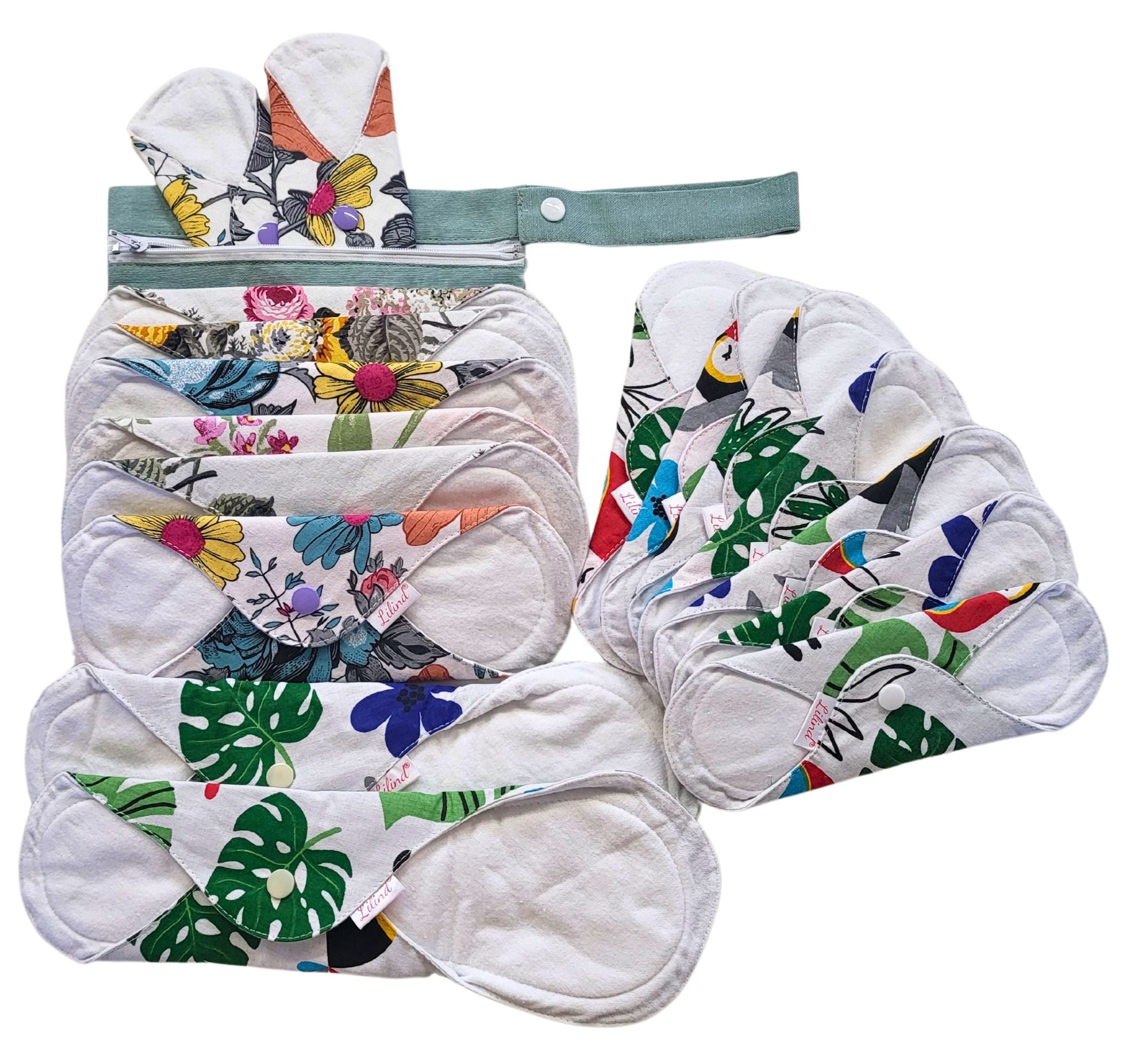Lilind® 17 Pack Jumbo Set Organic Cloth Pads, Reusable Washable Menstrual Family Cloth, Zero Waste 100% Cotton